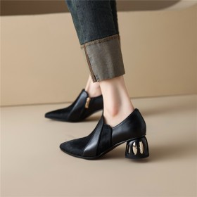 À Talon Chaussure Pour Femme Talons Carrés Chaussures Ceremonie Bout Fermé Escarpins Fourrure Cuir Élégantes