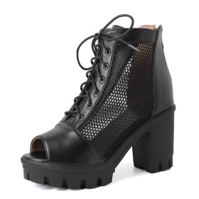 Lederimitat Mesh Klassisch Schnürstiefeletten 8 cm High Heel Stiefeletten Mit Blockabsatz