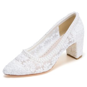 6 cm Mid Heel Chunky Heel Bridals Wedding Shoes White Elegant Block Heels Flowers Pumps Lace
