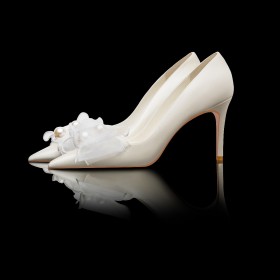Blanche Escarpin Talon 8 cm Chaussure Mariage Noeud Chaussure De Soirée Ceremonie Talons Aiguilles Chaussures Femme