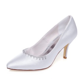 Stiletto Satin White With Rhinestones Pointed Toe Elegant Pumps 3 inch High Heel Wedding Shoes For Women