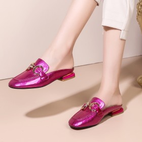 Mules Fuchsia Loafers Metallic Leather Classic Flat Shoes Comfort Round Toe