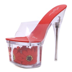 With Flower Platform Sexy 17 cm Extreme High Heels Bohemian Stiletto Clear Slip On Red Mules Peep Toe Sandals
