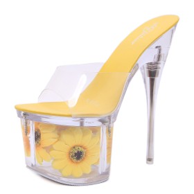 Sexy Habillé Jaunes Transparente Bout Ouvert Fleur Plateforme Talons Aiguilles Sandale Bohème A Talon 17 cm Mule