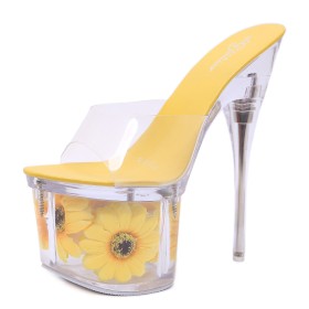 Stiletto Heels Clear Platform Extreme High Heel Sandals Yellow Flower Sexy Mules Open Toe Boho