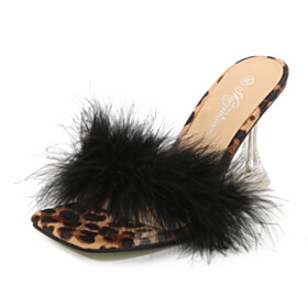 High Heel Faux Fur Stiletto Heels Fluffy Womens Sandals Leopard