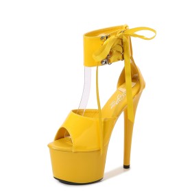 Stylish Pole Dance Shoes Sandals Platform Studded Stiletto Heels Patent Leather With Ankle Strap Extreme High Heels Yellow Peep Toe Lace Up