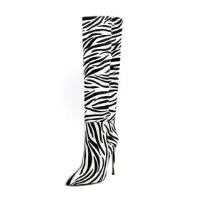 Schwarz Weiß Klassisch 12 cm High Heel Gefütterte Boots Kniehohe Zebra Blockfarben Reitstiefel Winter Stilettos Lederimitat Spitz