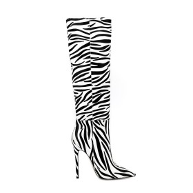 Faux Leather Modern Riding Black And White Tall Boot Stilettos Pointed Toe Classic Knee High Boot For Women High Heels