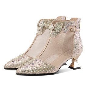 Booties For Women Elegant Cone Heel Sparkly With Pearl Tulle Luxury Flowers 6 cm Heel Pointed Toe Evening Party Shoes Sandal Boots Dress Shoes Wedding Shoes For Women Sandals