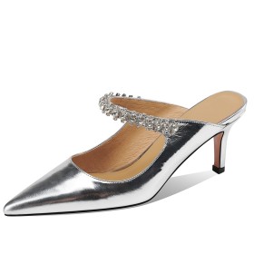 Mid High Heeled Sandals With Rhinestones Leather Business Casual Stiletto Heels Sparkly Metallic Pointed Toe Silver Beautiful
