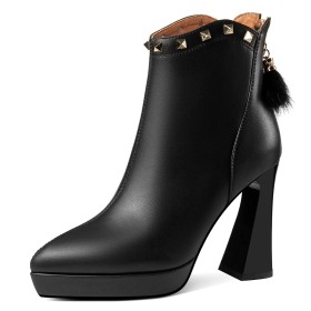 Going Out Footwear Fur Lined Block Heel Classic Pointed Toe High Heel Studded Leather Ankle Boots