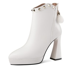 Platform 4 inch High Heel Fur Lined Elegant Classic Block Heel White Studded Chunky Pointed Toe Booties For Women