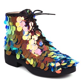 Lace Up Sparkly Fur Lined Glitter Multicolor Booties Flats