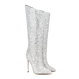 Tall Boots Knee High Boots Glitter Stilettos Party Shoes Silver 12 cm High Heel
