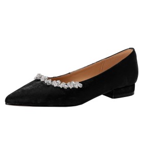 Black Going Out Shoes Flats Classic Comfortable Pointed Toe Loafers Satin Textured Leather Elegant