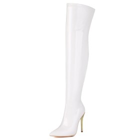Casual Faux Leather Classic Stiletto Heels Tall Boot Over Knee Boots White 10 cm High Heel