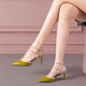 Sexy 9 cm High Heels Lime Green With Ankle Strap Gladiator Sandals Leather With Pearls Classic Pointed Toe Business Casual Stiletto Heels Designer