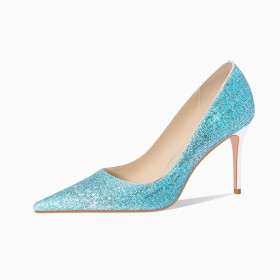 Glitter Evening Party Shoes Bridal Shoes Sparkly Elegant Womens Footwear Pointed Toe Dress Shoes Light Blue Stiletto 8 cm High Heel