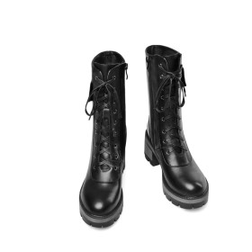 Zwarte Veter Laarsjes Enkellaars Dames Gevoerde Combat Boots Middelhoge Heel Ronde Neus Leer Plateau Klassiek