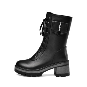 Schwarz Mit Blockabsatz Gefütterte Mit 6 cm Mittlerer Absatz Ankle Boots Schnürstiefeletten Plateau Martin Boots Comfort Winter