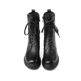 Combat Boots Gevoerde Comfortabele Enkellaarzen Dames Veter Laarsjes Leer Plateau