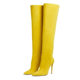 Yellow Pointed Toe Suede Fur Lined Knee High Boots Tall Boot Stiletto Heels High Heel Velvet