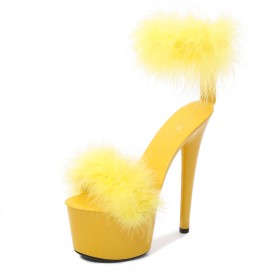 Yellow Open Toe Ankle Strap Fur Faux Leather Round Toe Sandals For Women Sexy Going Out Shoes