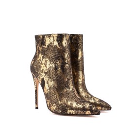 Modern Fur Lined Gold Ankle Boots For Women 12 cm High Heeled Faux Leather Stilettos Winter Snake Printed Pointed Toe