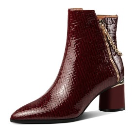 Leather Dress Shoes Booties Burgundy Embossed Thick Heel Patent Leather Elegant 6 cm Mid Heel Pointed Toe Fur Lined Business Casual Block Heels