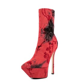 With Flower Stretchy Fur Lined Stiletto Platform Velvet High Heel Elegant Color Block Sock Pointed Toe Red Casual