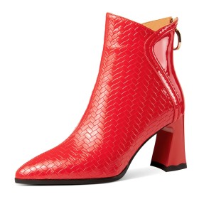 Rote Mit 8 cm High Heels Geprägt Mode Elegante Leder Blockabsatz Gefütterte