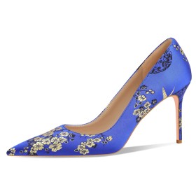 Royalblau High Heels Stilettos Elegante Stöckelschuhe Schuhe Damen Stickerei Abendschuhe Satin Mit Geblümte Hochzeitsschuhe