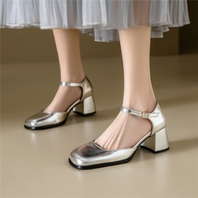 Comfort D orsay 6 cm Mid Heel Chunky Ankle Strap Faux Leather Block Heel Metallic