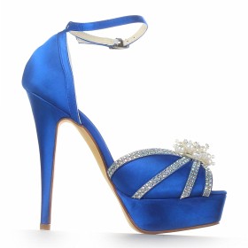 Eleganti Sandali Lacci Caviglia Blu Plateau Con Perle Di Raso Spuntate 13 cm Tacchi Alto Scarpe Da Ballo Con Strass