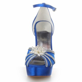 Sandalen Elegante Satin Peeptoe Tanzschuhe Stilettos Mit Strasssteine Mit 13 cm High Heels Buckle Plateau Abendschuhe Royalblau