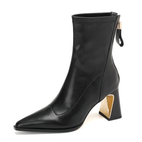 A Talon Cuir Grainé Bottines Femme Noir Talon Carré Elegante Chaussures Ceremonie