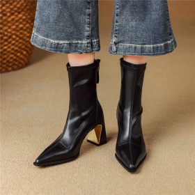 A Talon Cuir Grainé Bottines Femme Noir Talon Carré Elegante Chaussures Ceremonie
