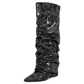 Bottes Hautes Compensées À Talon Bottes Genoux Plissées Tombantes Bout Pointu
