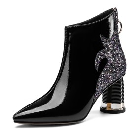 Elegant Chunky Hee Ankle Boots Fur Lined Leather Glitter Stylish 2022 Black Dress Shoes 7 cm Mid Heels