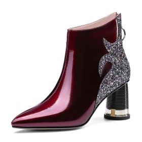 Lak Glitter Blok Hak Bordeaux Enkellaarzen Dames 7 cm Heels Leer Gevoerde
