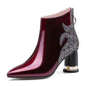 Patent Burgundy Ankle Boots Mid High Heeled Chunky Going Out Shoes Beautiful Pointed Toe Fur Lined Formal Dress Shoes