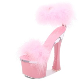 Sexy À Bride Cheville Duveteux Talon Epais Classique Vernis Fourrure Plateforme Sandale A Talon Tres Haut 18 cm Pole Dance Bout Ouvert Rose