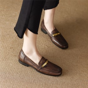 Vintage Natural Leather Flat Shoes Classic With Buckle Loafers Comfortable