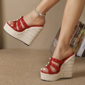 Boho Sandali Con Lacci Spiaggia Zeppa Vernice Espadrillas 2023 Plateau Finta Pelle Spuntate Rossi Tacco Alto