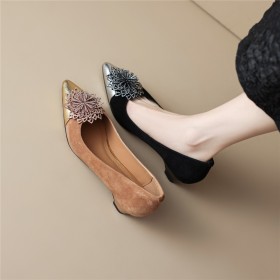 Suede Leather Comfort Flower Buckle Chunky Heel Low Heel Pumps Going Out Footwear