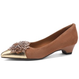 Brown Flowers Comfortable Pumps Leather Business Casual With Buckle Suede Low Heels