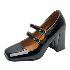 Black 8 cm High Heel Faux Leather Mary Janes Classic Pumps Beautiful Ankle Strap Block Heel Metallic Patent Sparkly Chunky Heel