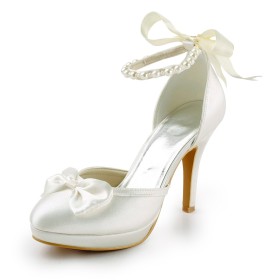 Bowknot With Pearl With Ankle Strap Spring 4 inch High Heeled Bridals Wedding Shoes Dress Shoes White Stilettos
