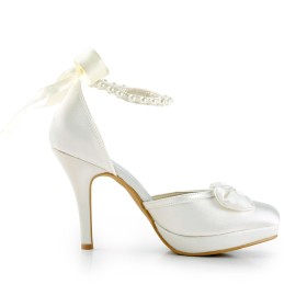Festliche Schuhe Abendschuhe Mit 10 cm High Heel Mit Perle Weiß Mit Schleife Elegante Stiletto Sandaletten Rund Hochzeitsschuhe